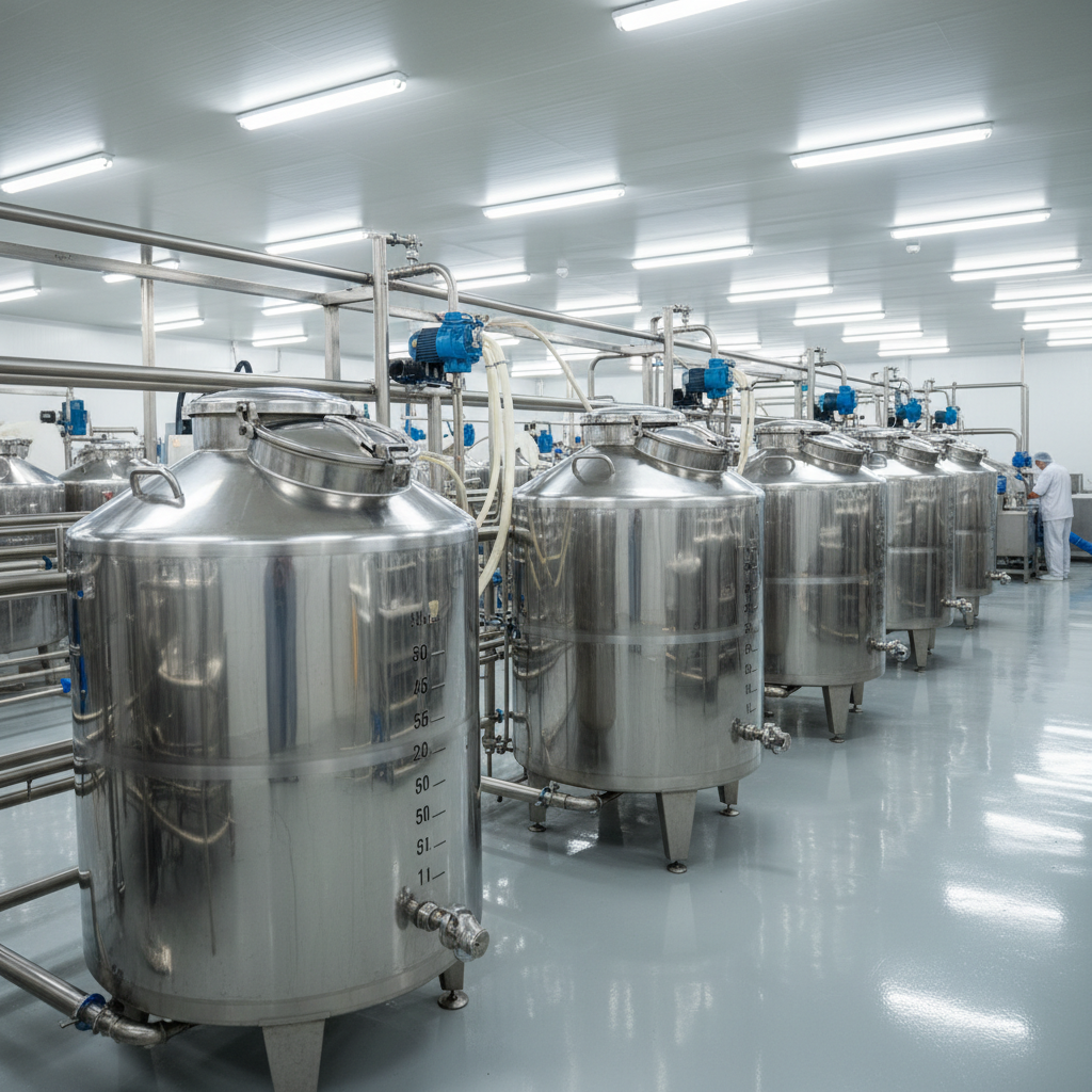 Stainless steel dairy processing tanks in clean modern facility with polished surfaces