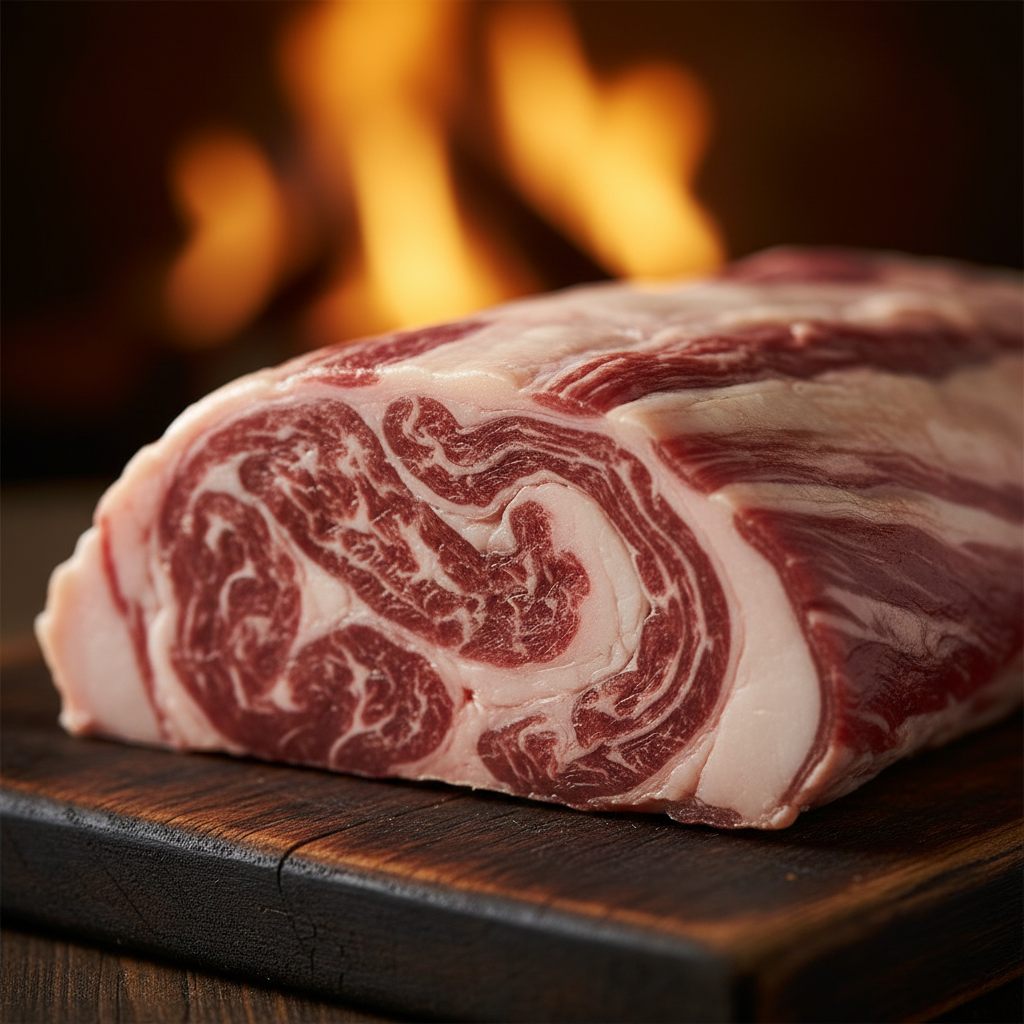 Raw wagyu ribeye steak on dark wooden board, rich marbling, deep red meat, studio lighting