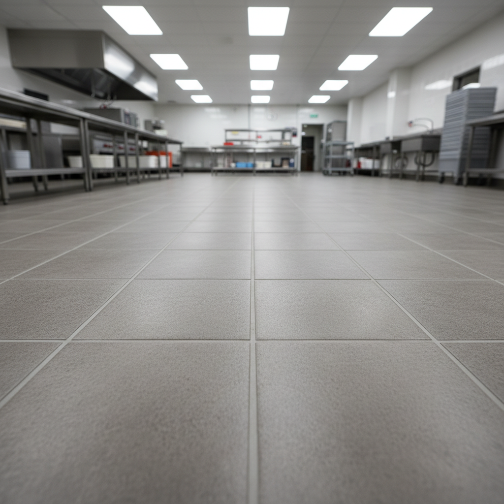 Commercial restaurant kitchen with seamless quartz epoxy floor, anti-slip surface, food-safe coating in sanitary environment