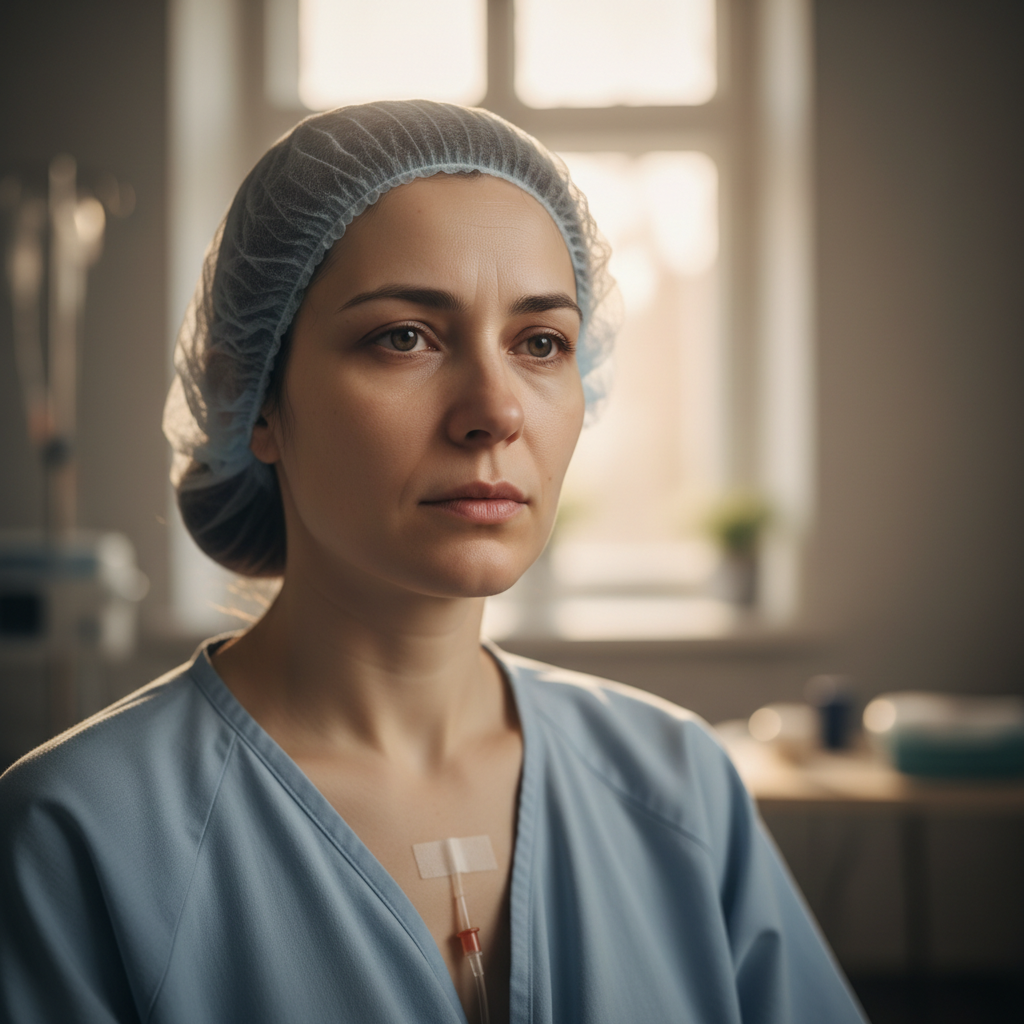 Woman with visible fatigue and steady composure, mid-treatment, soft natural light