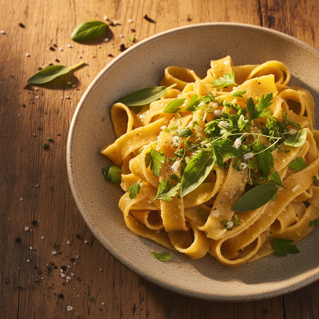 Vibrant food photography of homemade pasta with herbs and golden light