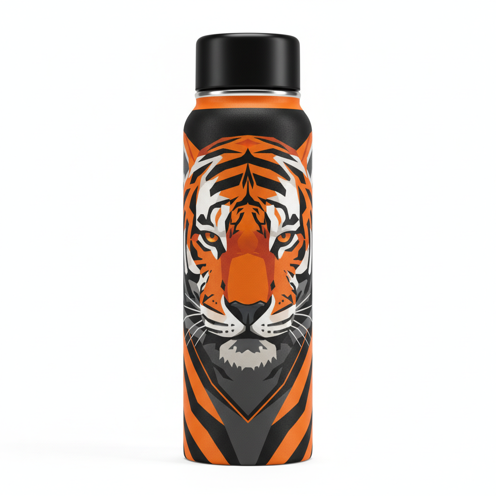 Bold custom printed water bottle with vibrant geometric tiger design in orange and black