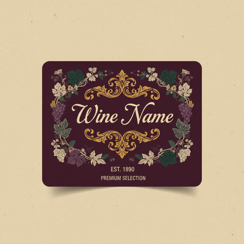 Hand-lettered wine label with baroque flourishes and botanical illustration border