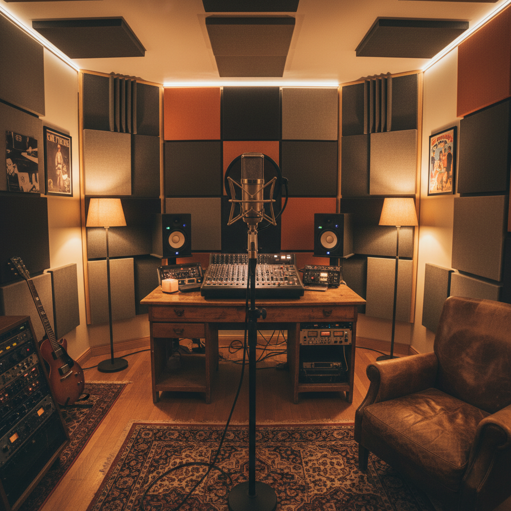 Cozy intimate recording space with warm lighting and relaxed atmospheric ambience