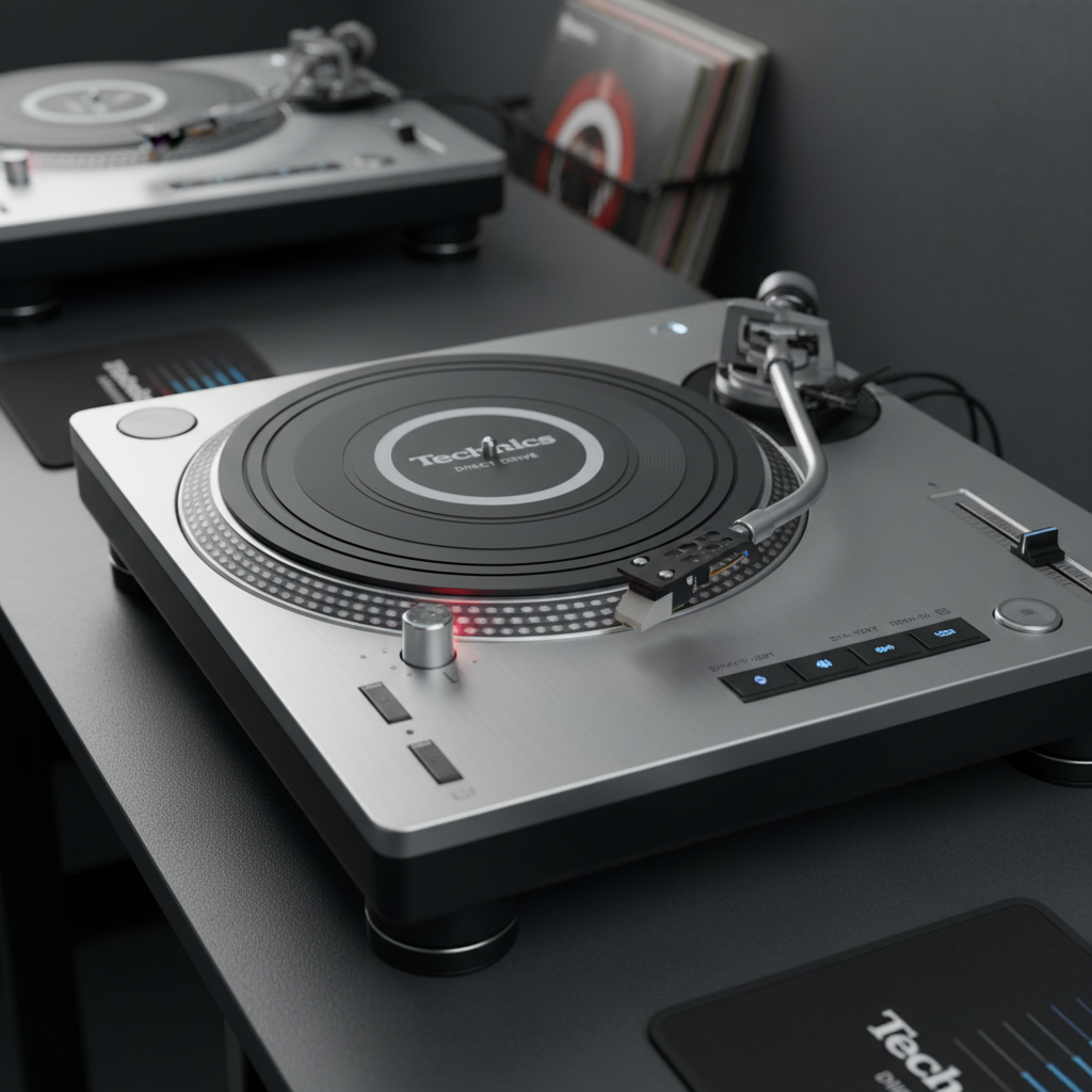 Iconic Technics SL-1200 turntable with direct-drive system in DJ setup