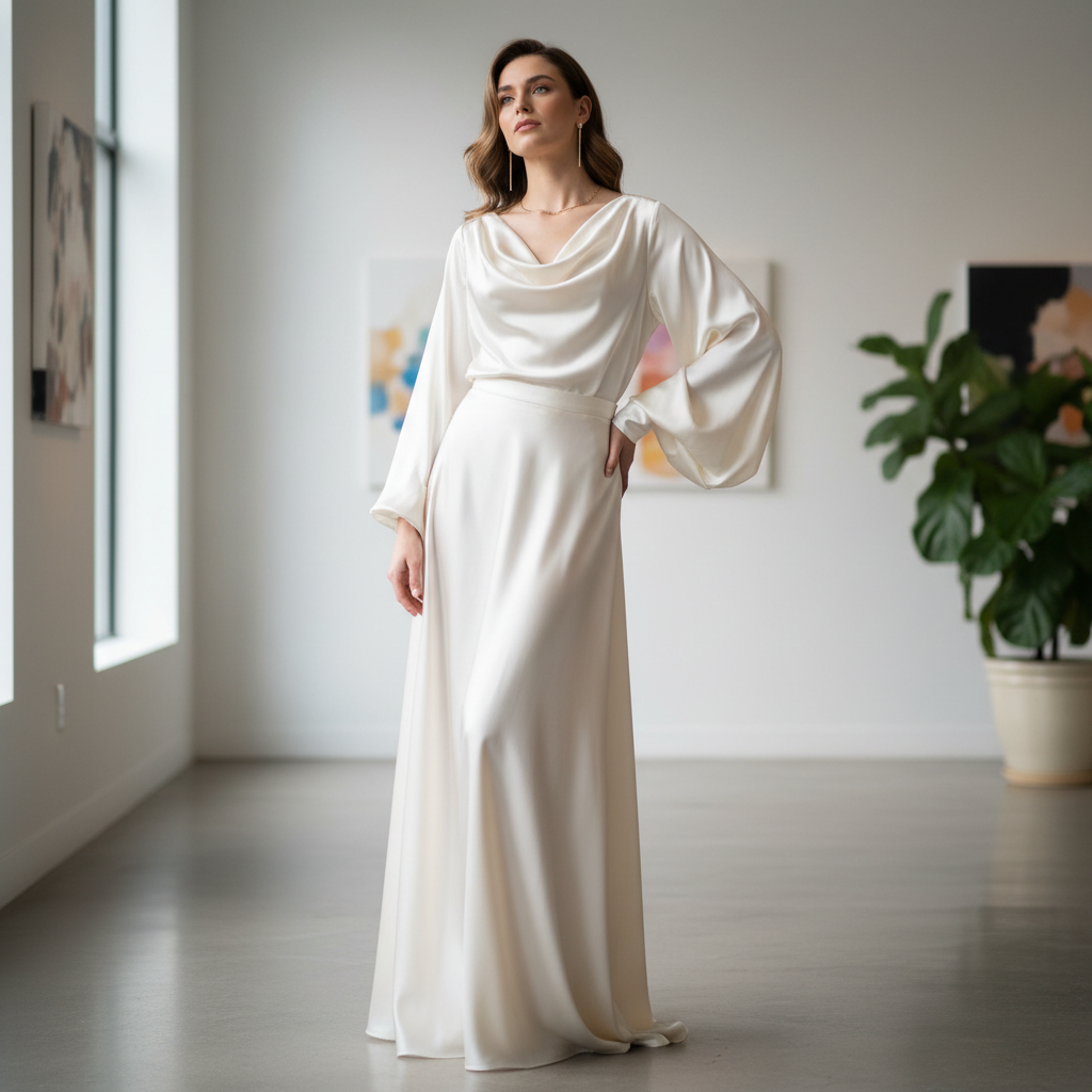 Woman wearing embroidered white blouse, bright well-lit editorial fashion