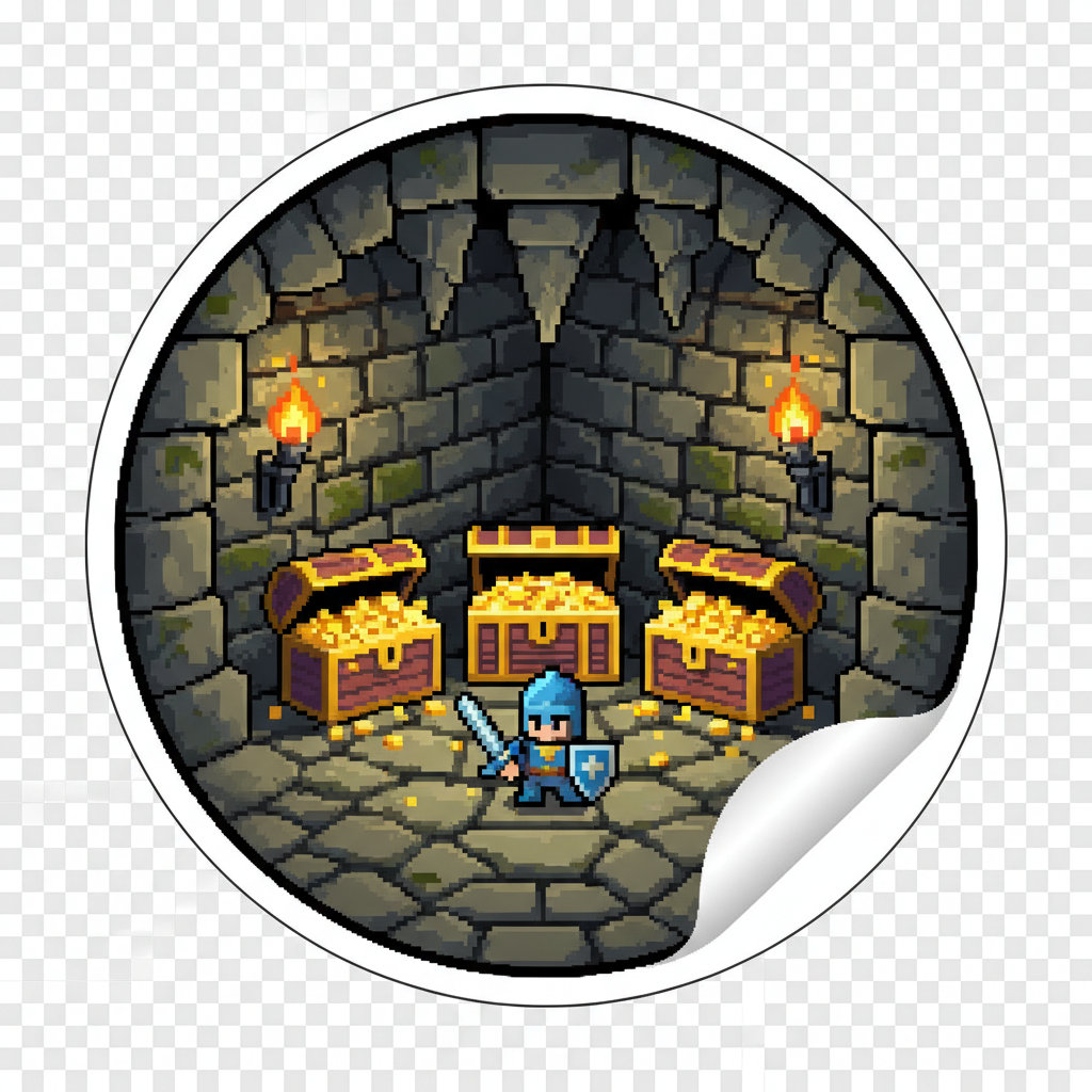 Two pixel art characters exploring a dark dungeon with torches and treasure chests