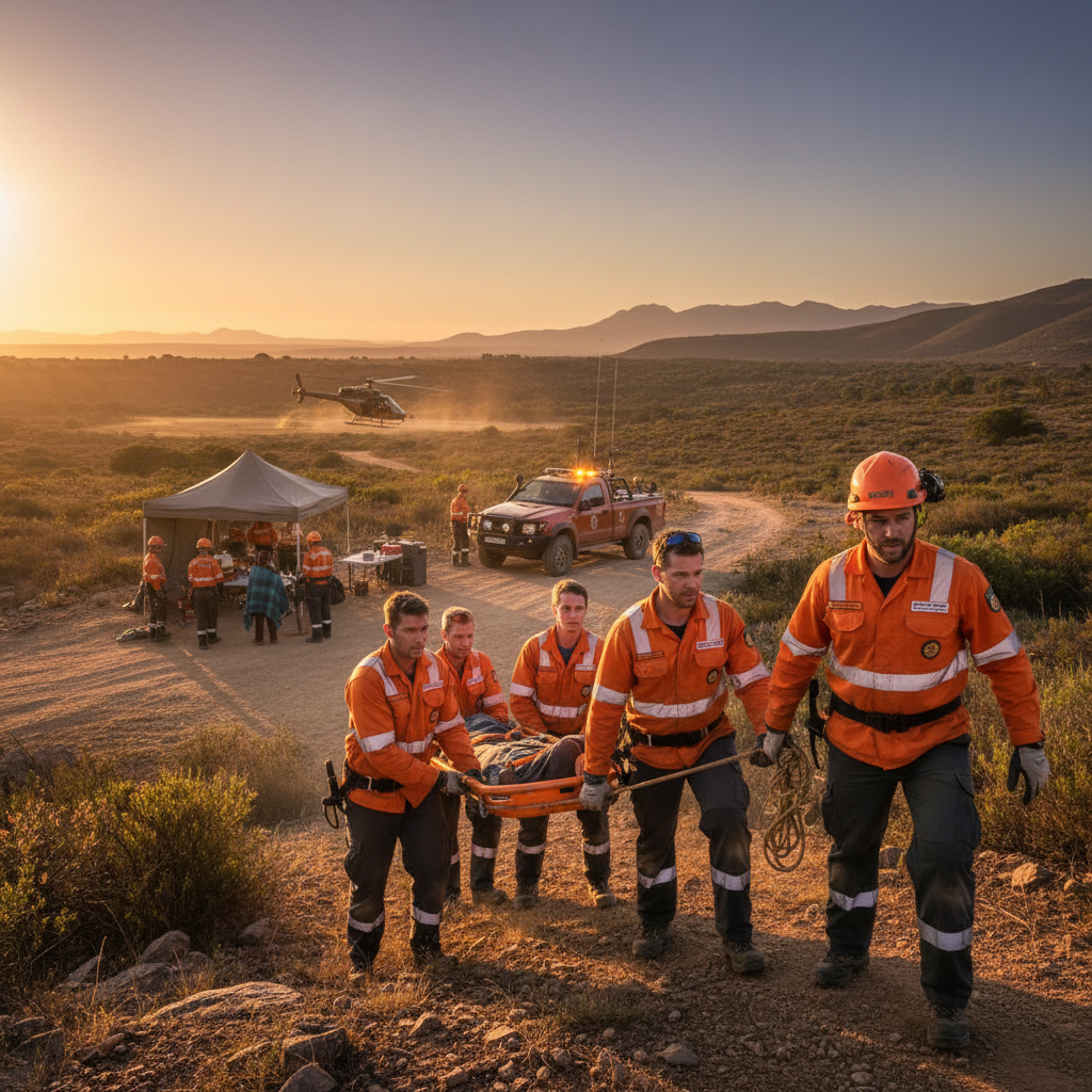 First responders โ police officers, firefighters, and paramedics โ working together at an emergency scene, coordinated teamwork, professional uniforms, golden hour lighting