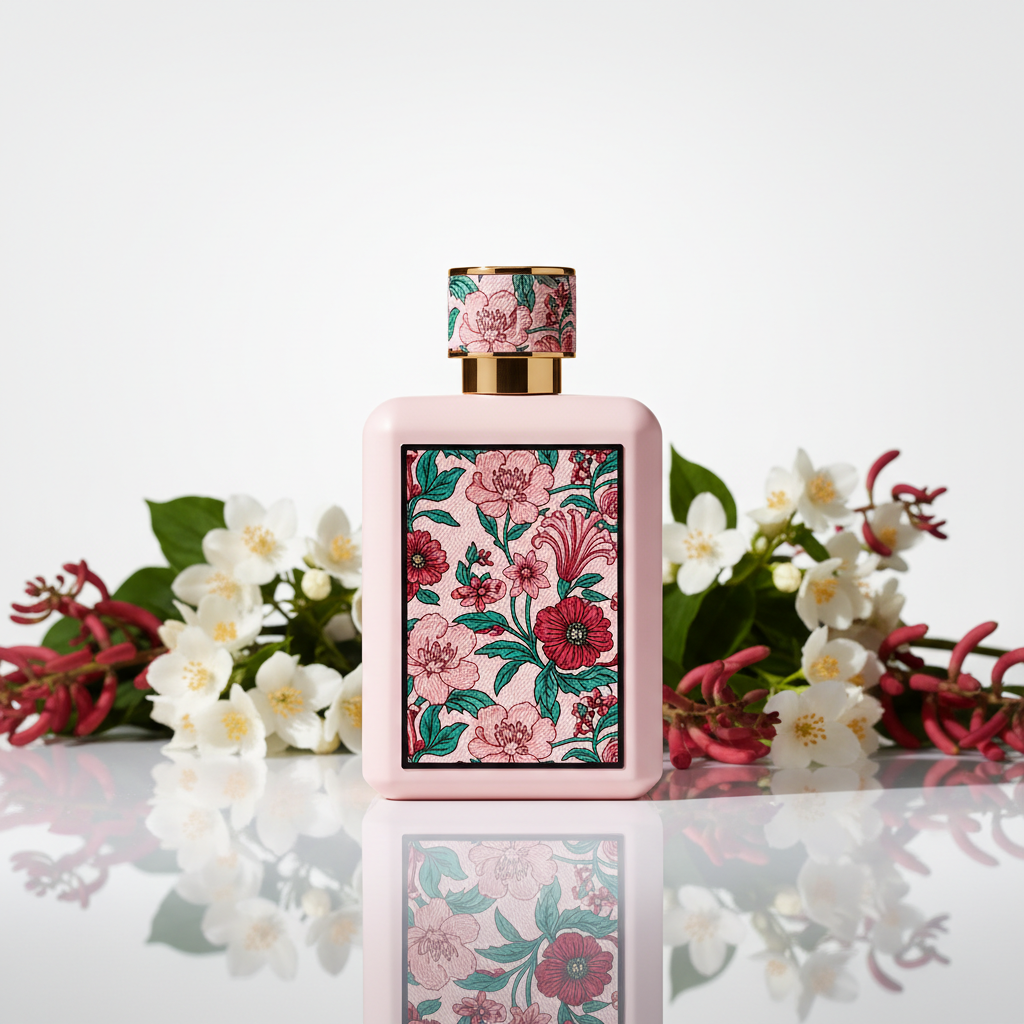 Frasco de perfume feminino floral cor rosa em fundo pastel com flores