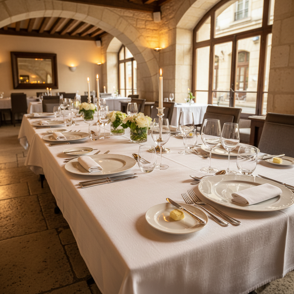 Romantic restaurant table set for two with white tablecloth, candles, wine glasses, and a small flower arrangement, warm evening light