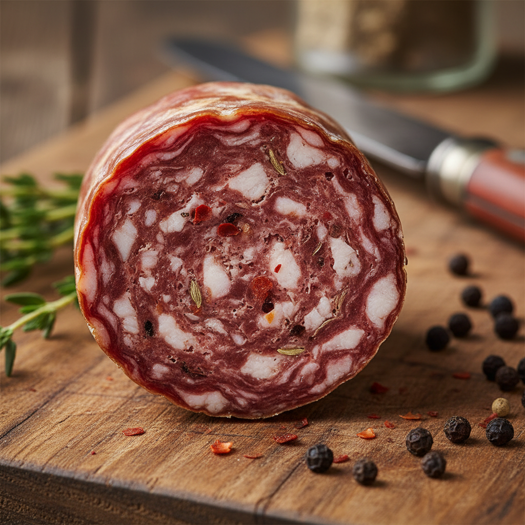 Cross-section of saucisson revealing mosaic of fat and spice