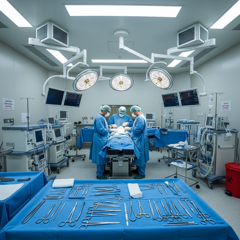 Surgeon performing laparoscopic procedure in a bright, well-lit operating room