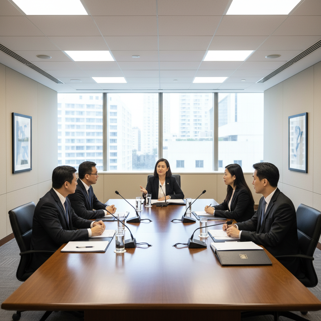 Professional business meeting in modern media company office with executives