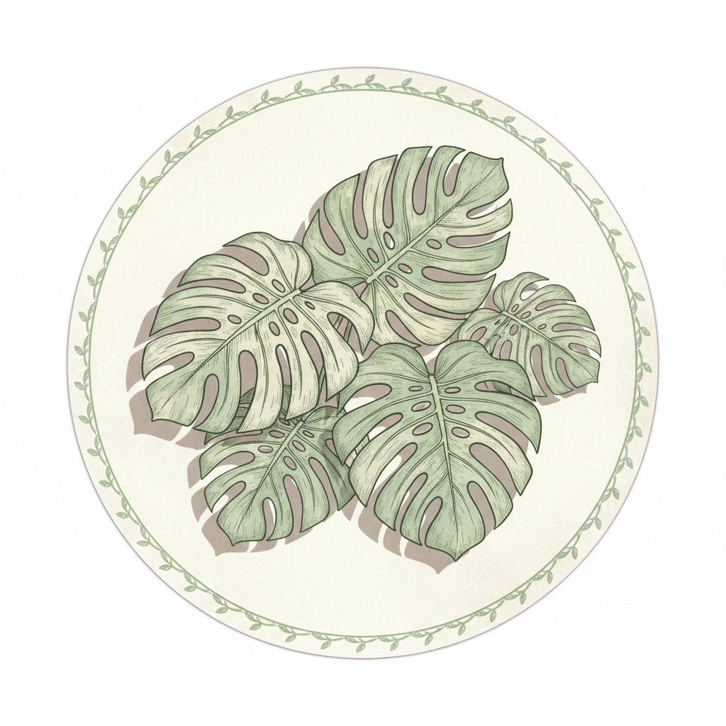 Mid-century botanical illustration of monstera deliciosa leaves in sage green and cream