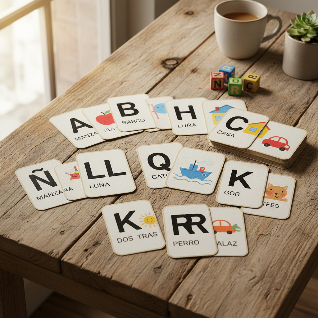 Colorful Spanish vocabulary flashcards with illustrations spread on a bright wooden table