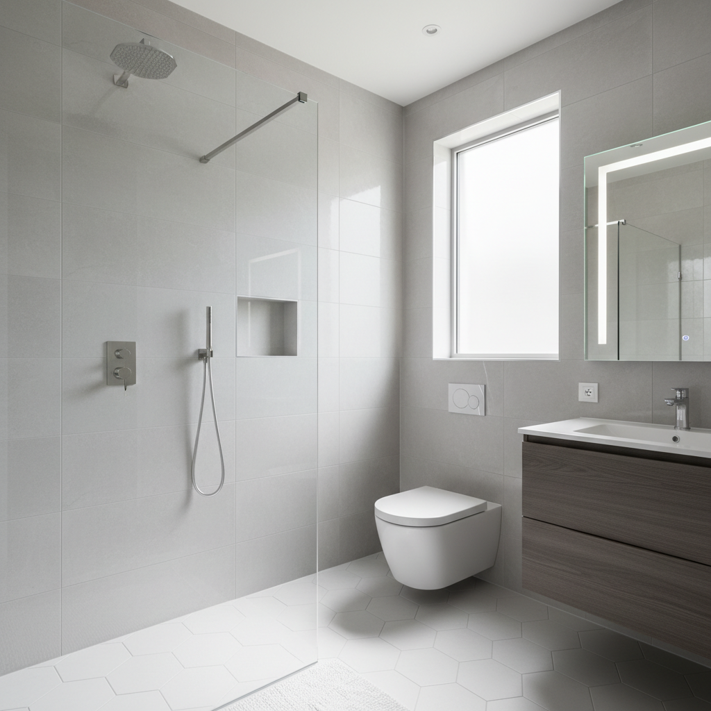 Completed bathroom renovation by Clearwater Plumbing — modern tiled shower and toilet installation in Eastern PEI home