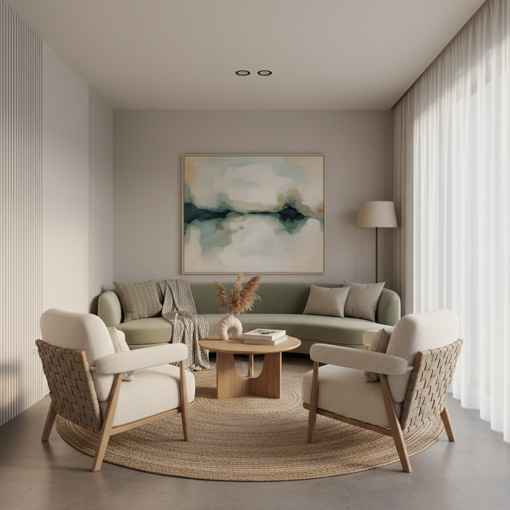 Soft-lit therapy room with warm lamp light, comfortable couch, calm and safe atmosphere, muted green tones