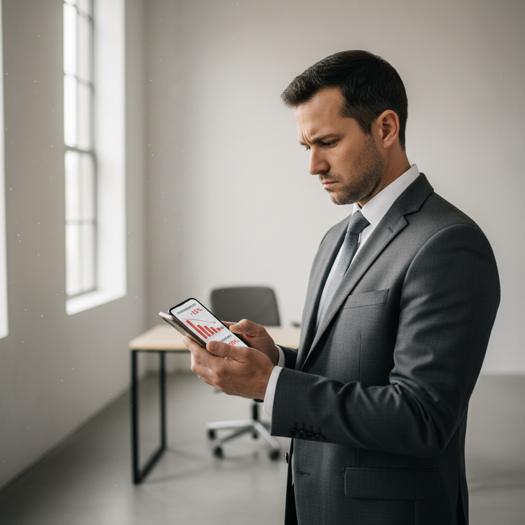 Dark office setting with frustrated business owner looking at declining marketing metrics on computer screen