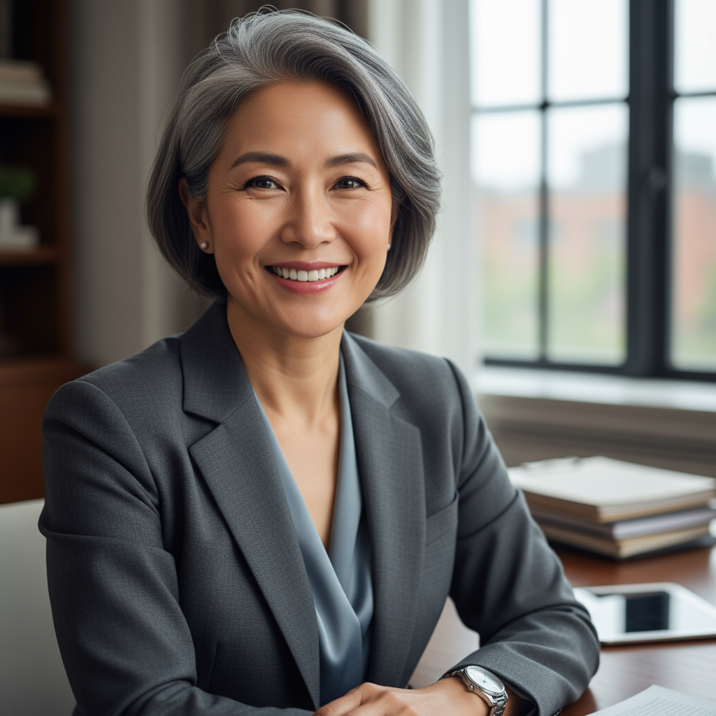 Asian female financial advisor in professional business attire at her desk