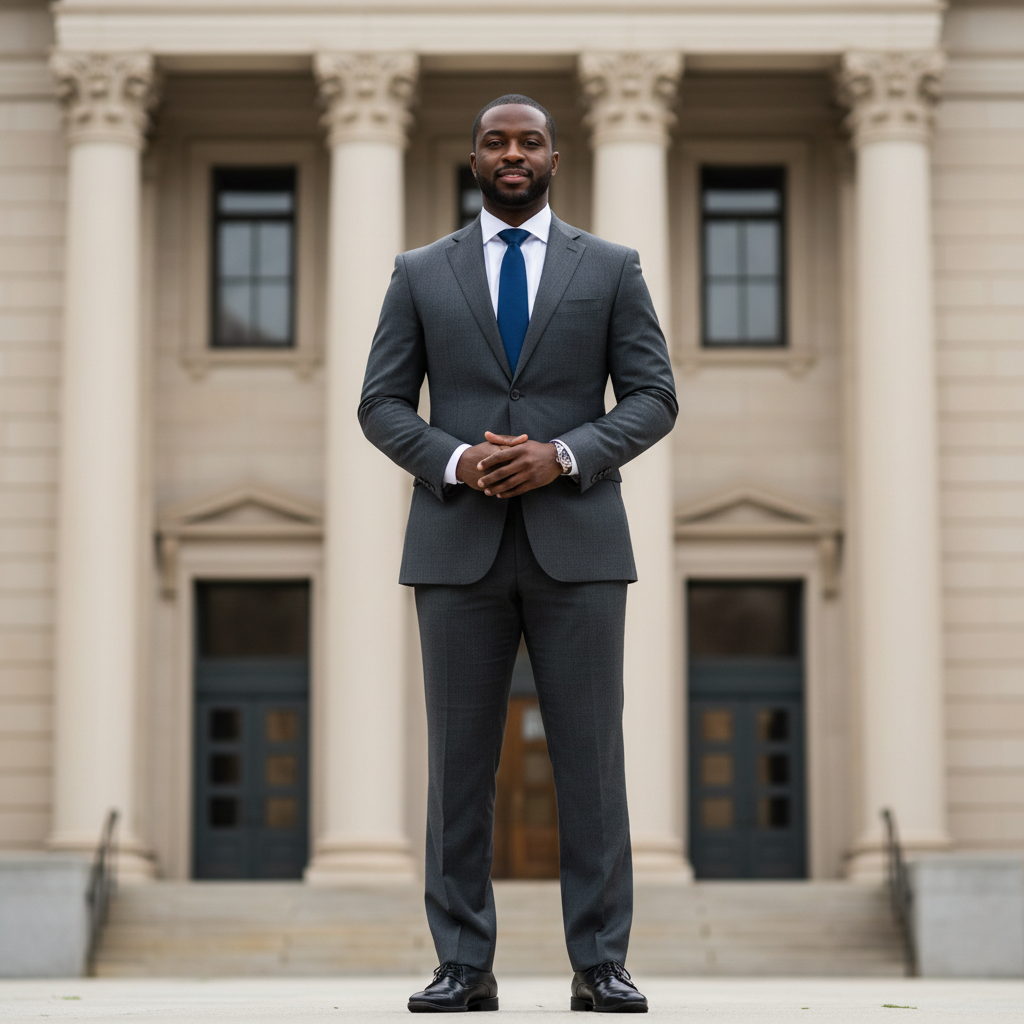 African man in professional attire smiling confidently outside a courthouse, representing justice and freedom
