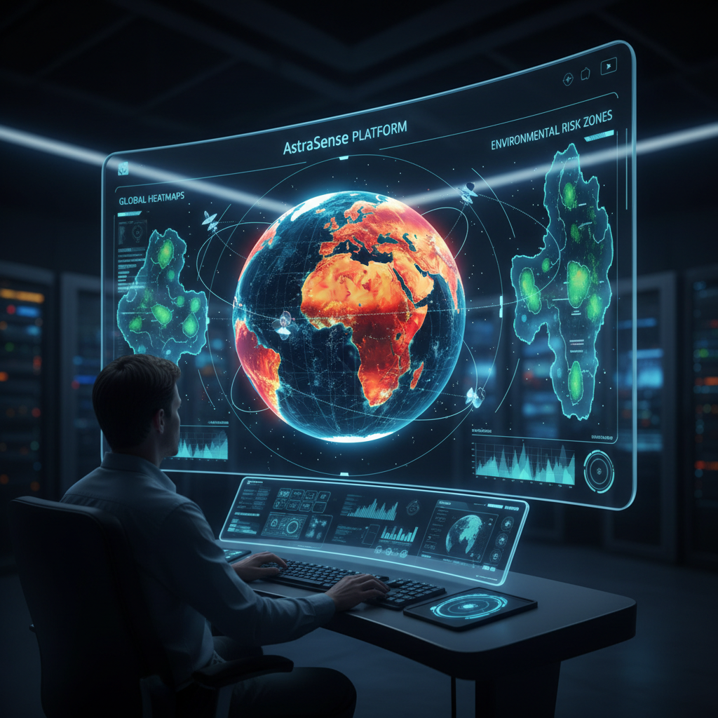 AstraSense satellite intelligence platform showing planetary heatmaps and environmental risk zones over Earth