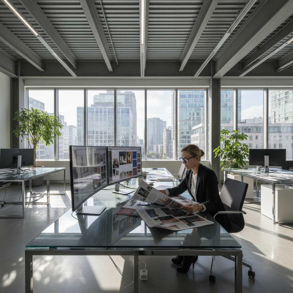Creative director reviewing brand editorial layouts in a modern newsroom with floor-to-ceiling windows
