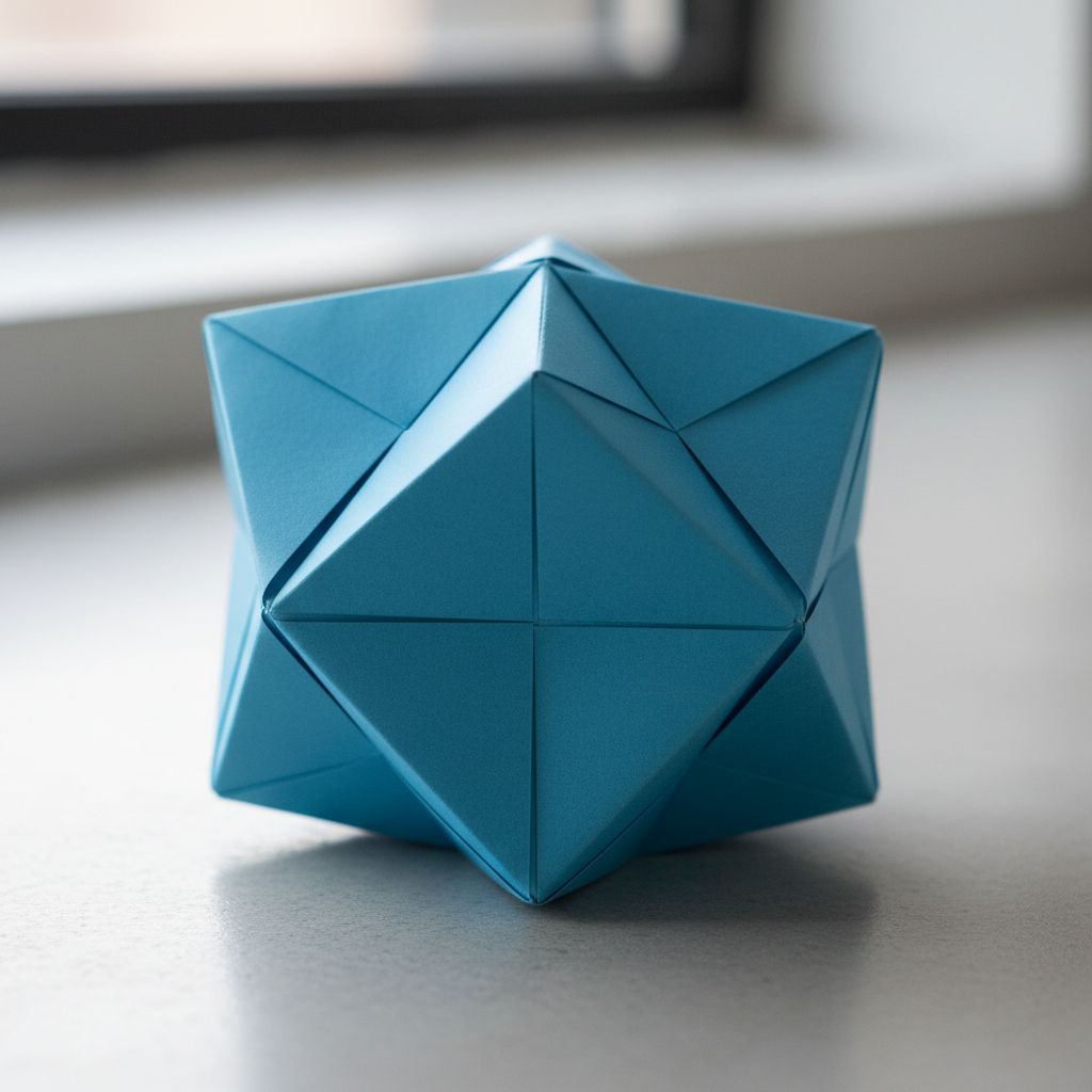 Geometric modular origami cube assembled from six identical units in blue paper