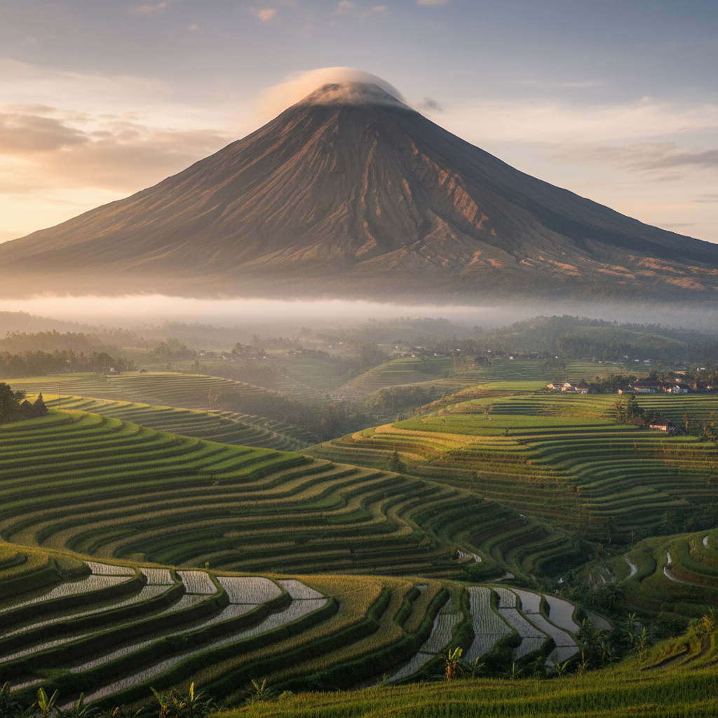 Bali rice terraces with traditional temple at sunrise