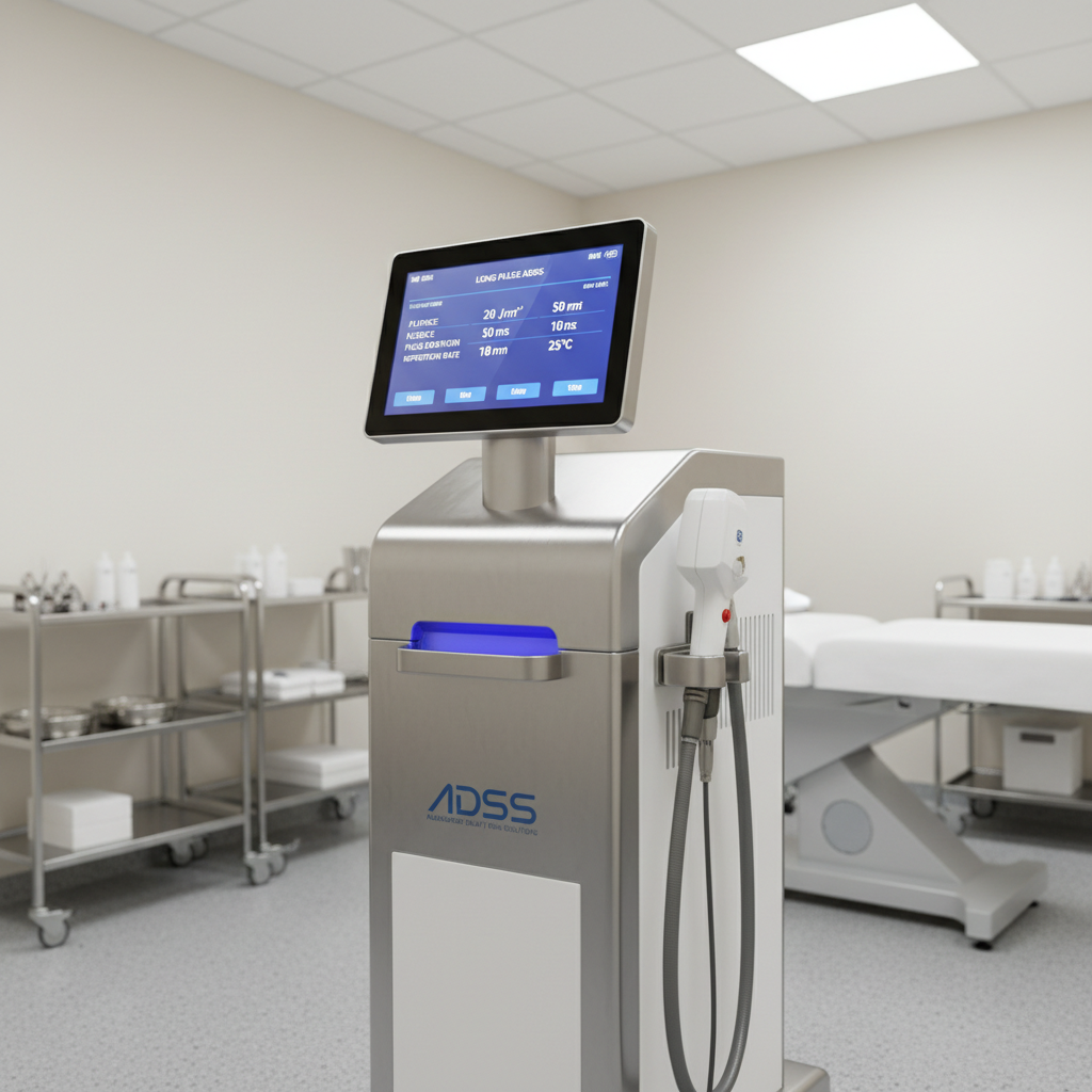 Modern laser therapy equipment in bright clinical setting, professional medical device with clean chrome finish, well-lit treatment room