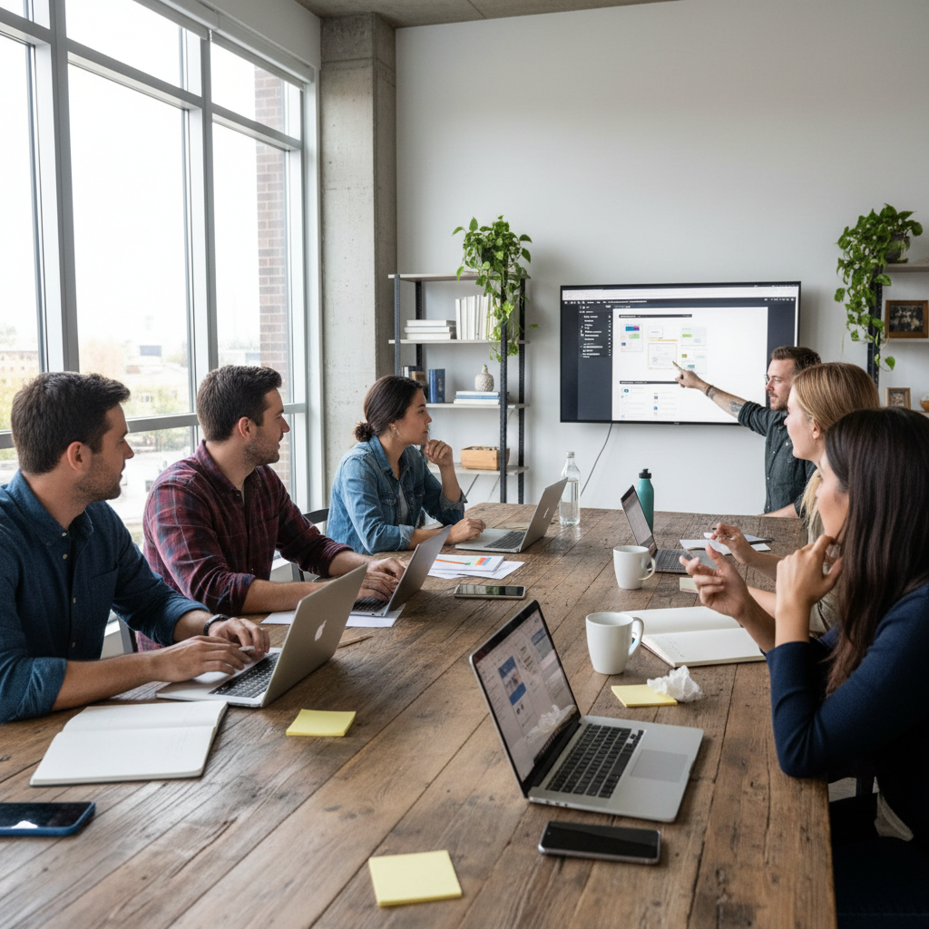 Grupo de profesionales colaborando en sesión de aprendizaje y networking