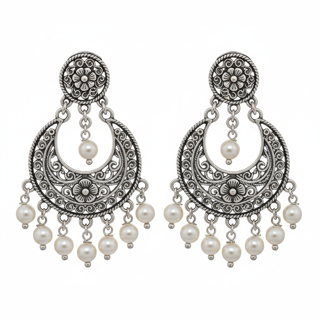 Gold chandbali crescent moon shaped earrings with pearl drops