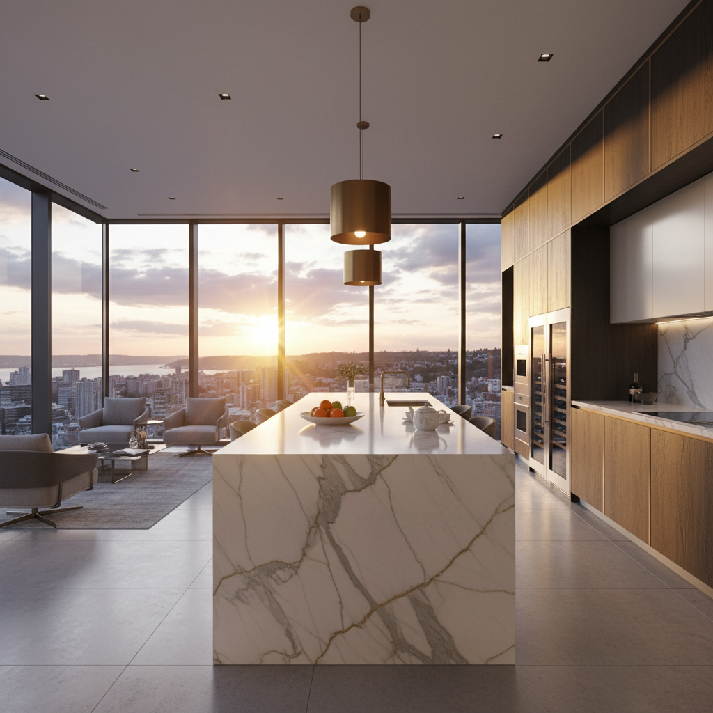Luxury penthouse kitchen with marble island and floor-to-ceiling windows at golden hour