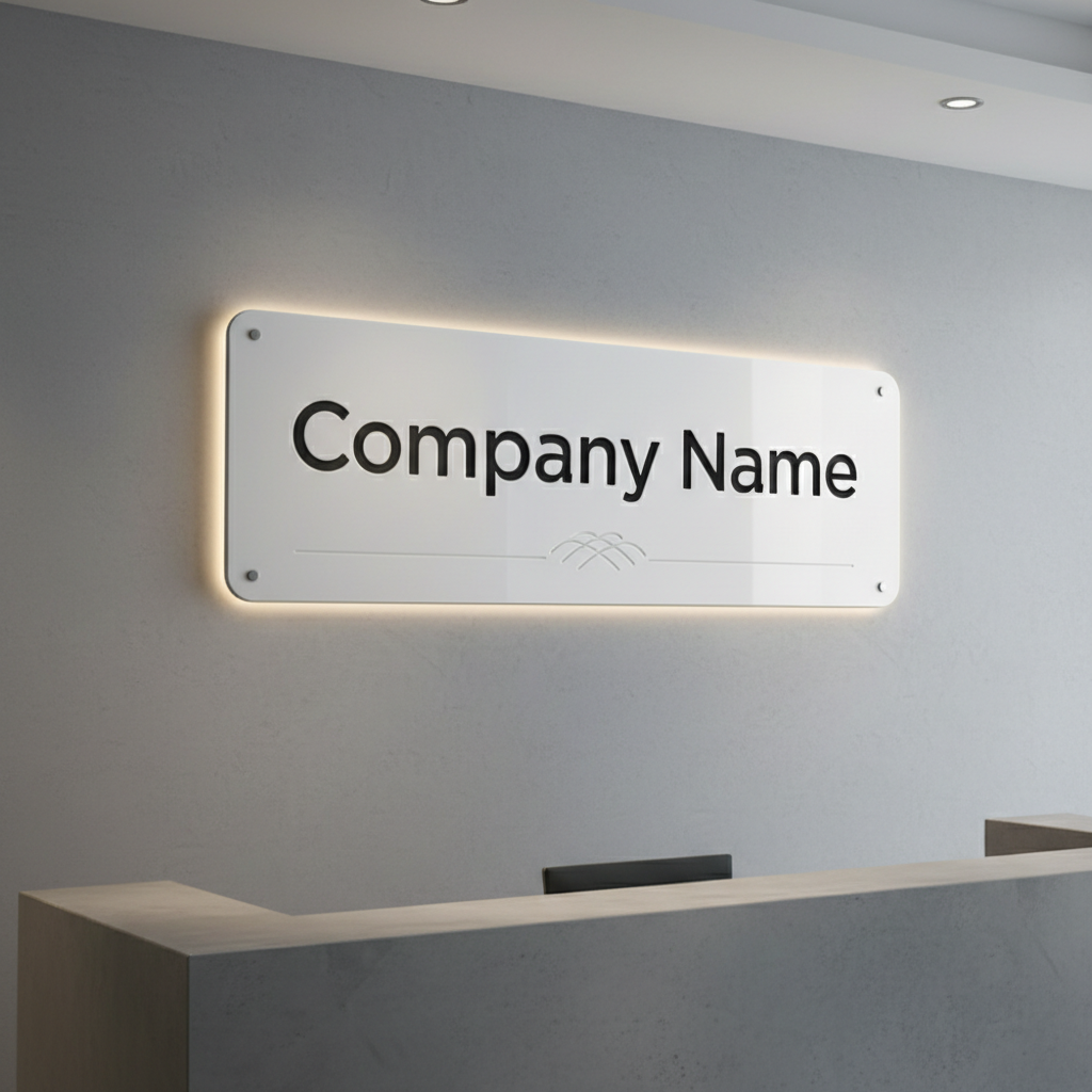 CNC cut acrylic panel with backlit effect in modern Indian commercial space, glowing design