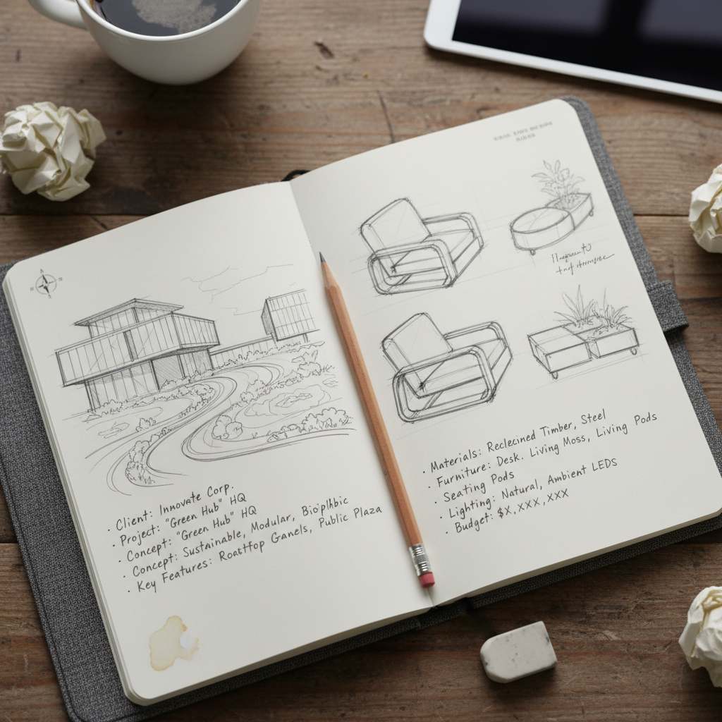 Designer notebook with pencil sketches and written brief notes on cream paper