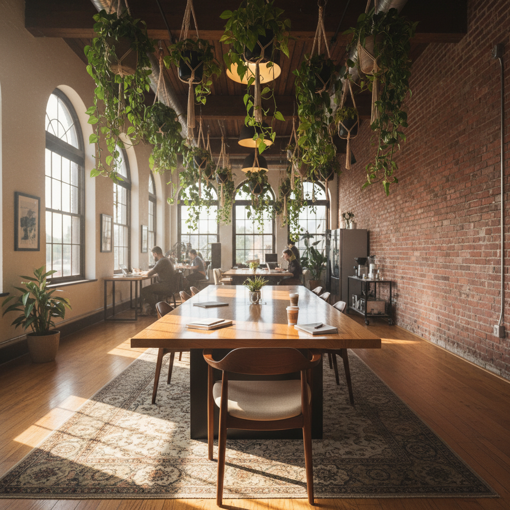 Warm co-working room with long oak table, hanging plants, exposed brick, afternoon light — a chair clearly saved at the end
