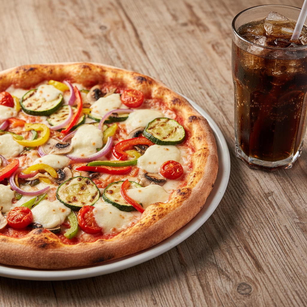 Bunte vegetarische Pizza mit gegrillter Zucchini, Aubergine, roten und gelben Paprika, Zwiebeln, Tomaten auf Käsebasis