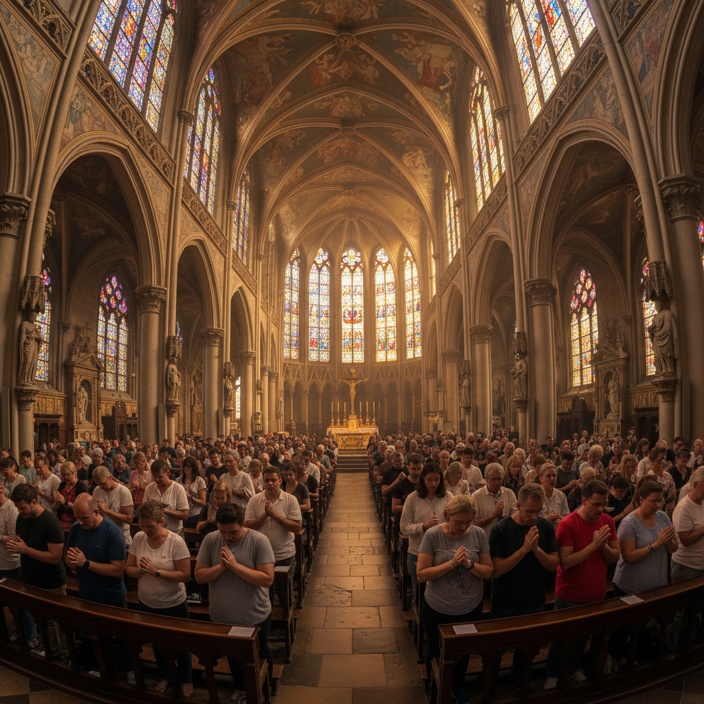 Church congregation in evening worship, warm candlelight and stage glow, reverent atmosphere, deep shadows