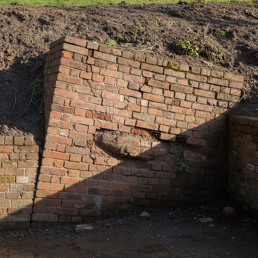 Brick retaining wall leaning outward from hydrostatic pressure showing visible tilt from plumb