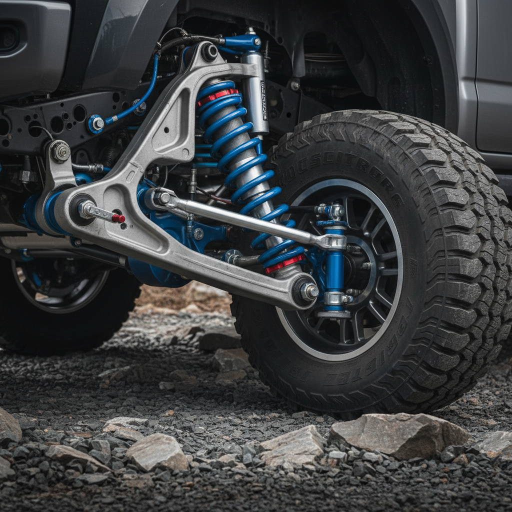 Off-road truck suspension lift kit with coilover shocks on rocky terrain