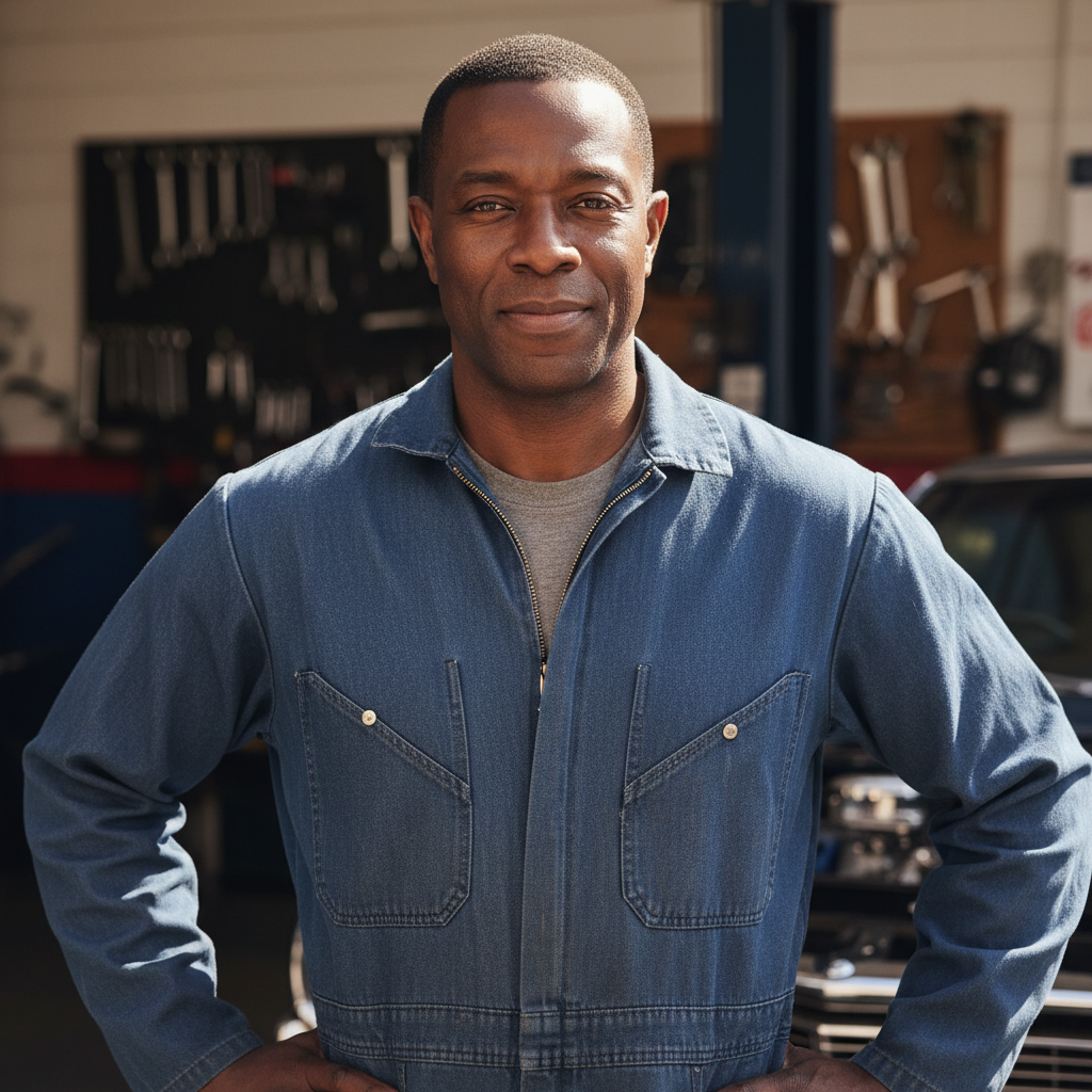 Black man in early 40s with close-cropped hair, wearing blue mechanic coveralls
