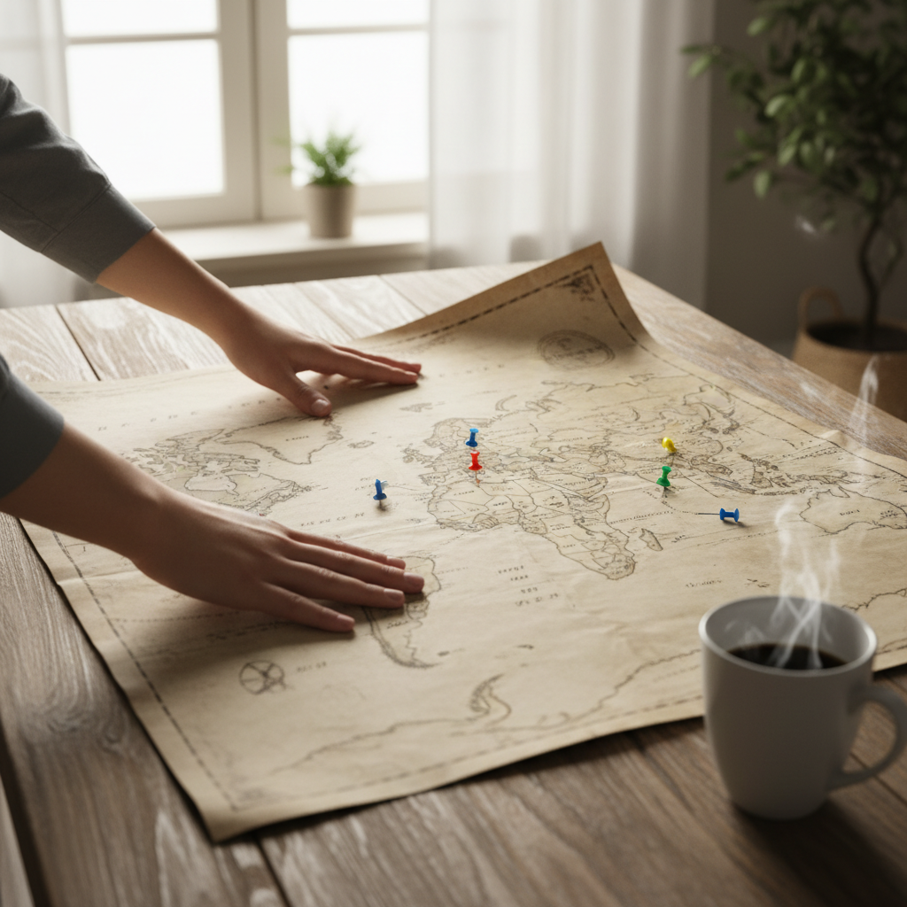 Hands unfolding a world map across a dining table, pins marking supplier locations, coffee mug holding down one corner