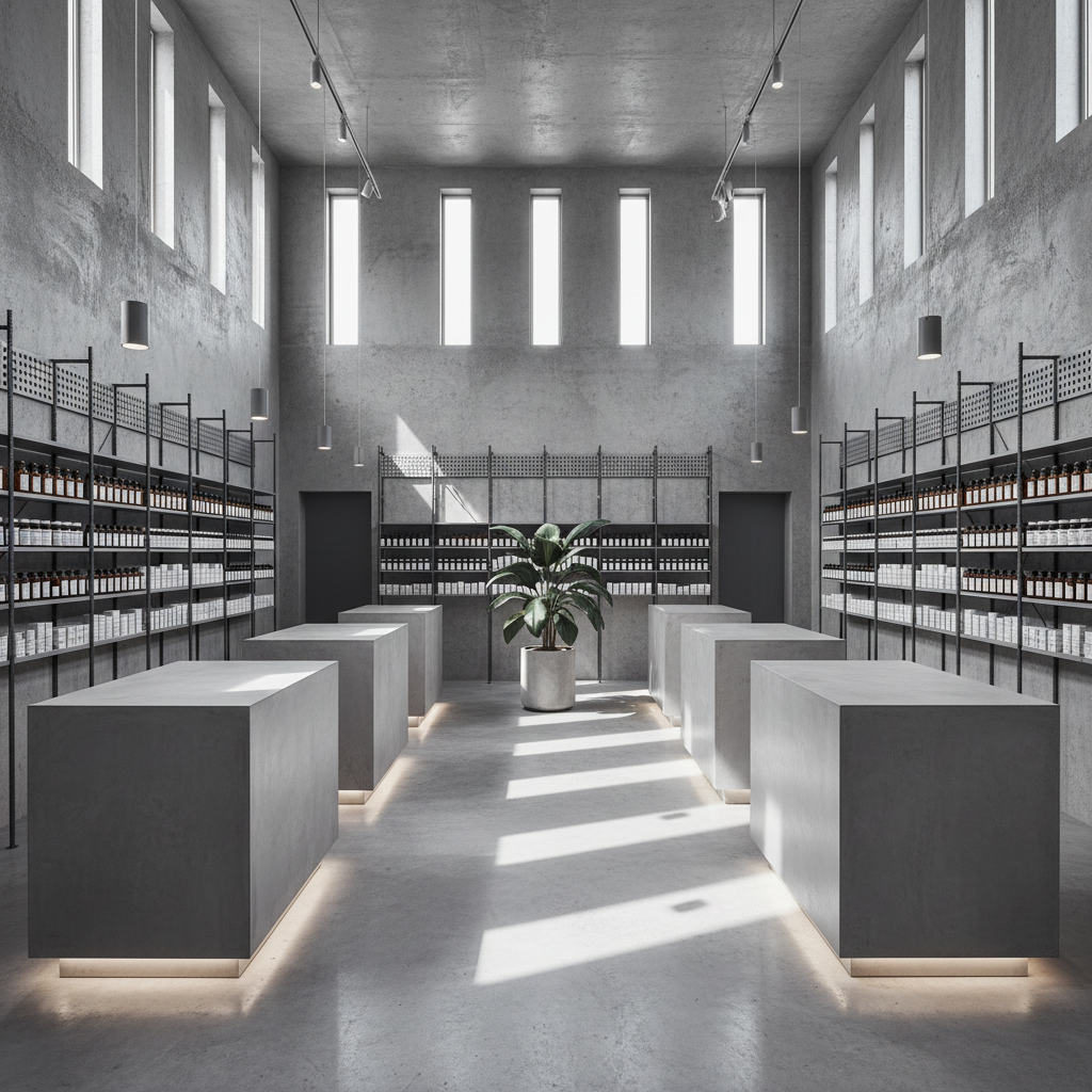 Completed brutalist pharmacy interior with concrete counters and minimal lighting at Meridian Compounding
