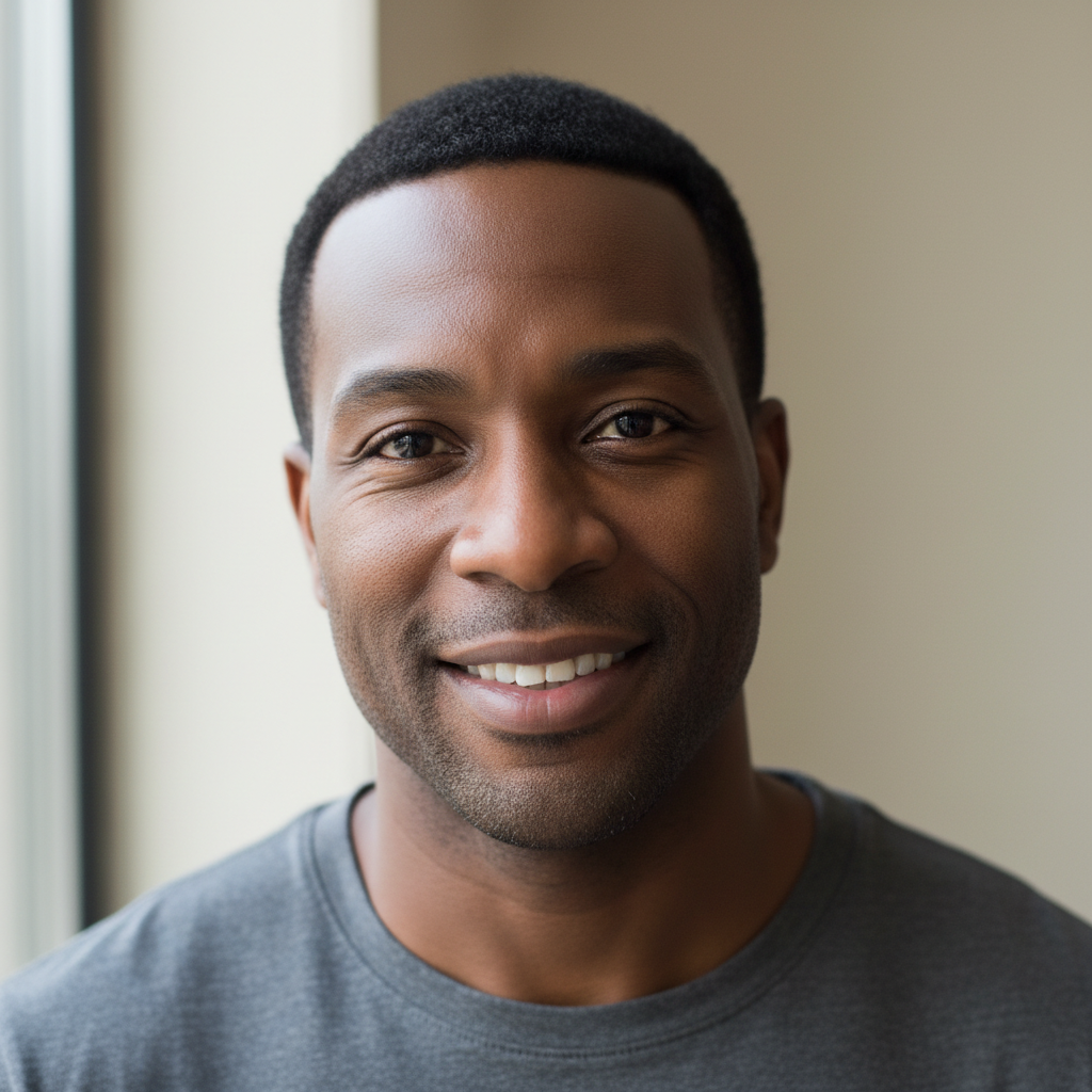 European man in his thirties, natural light, calm expression, light background, professional and approachable