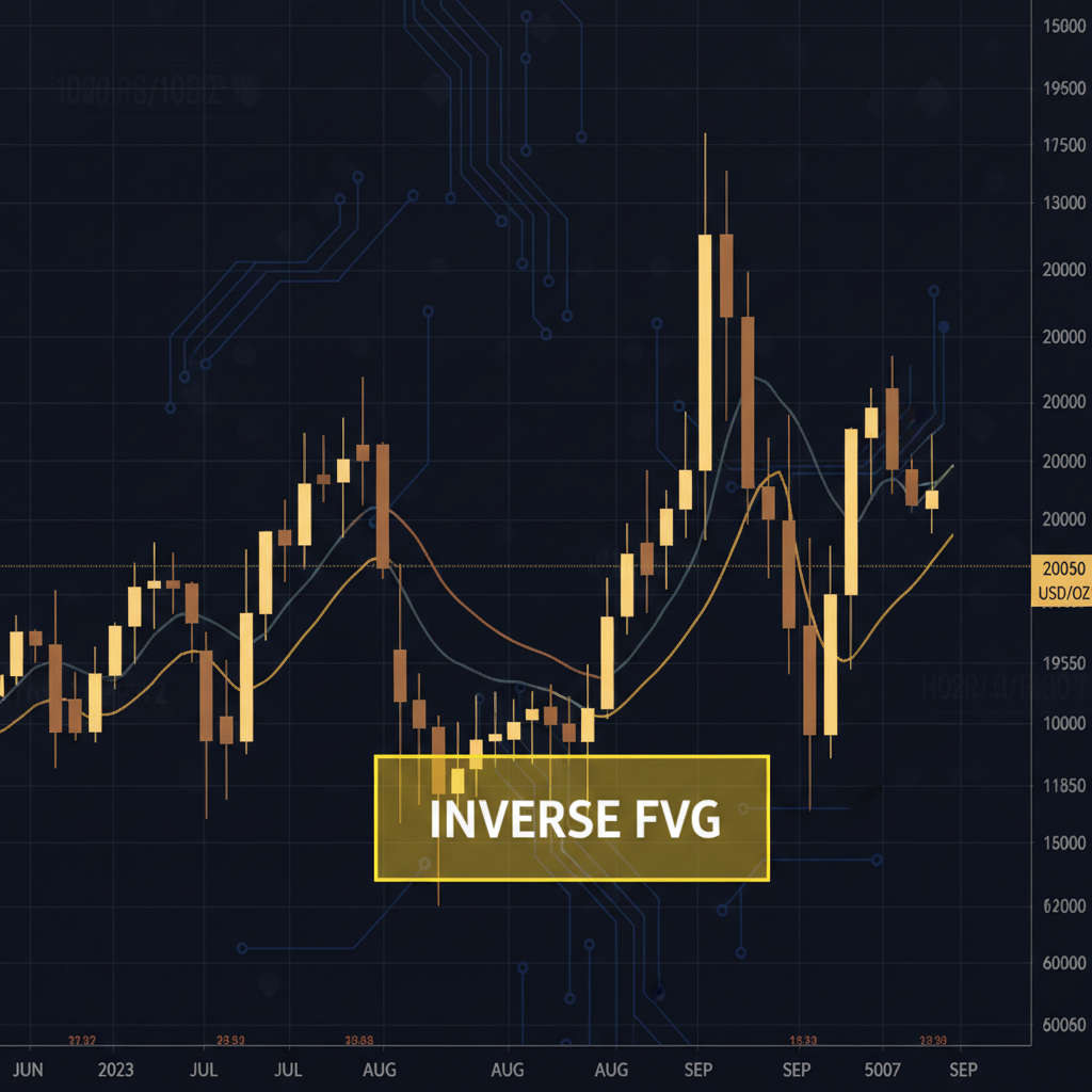 Forex chart with fair value gap zones highlighted in blue between candlesticks on dark professional trading terminal
