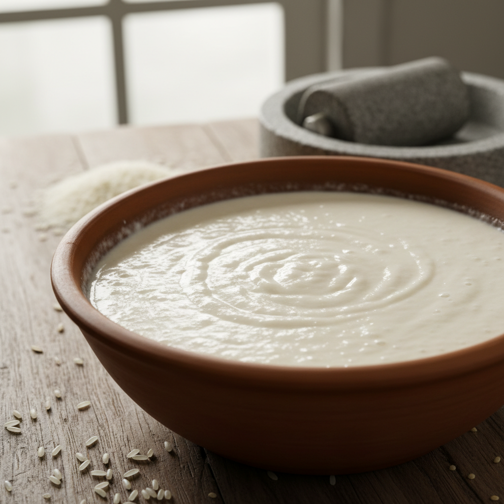 Fine white dosa batter mix powder in a bowl with a measuring spoon on a clean surface