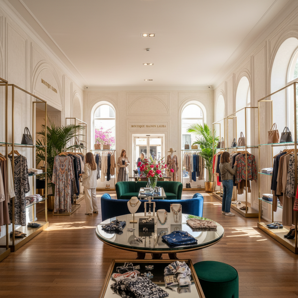 Woman shopping in bright luxury boutique, warm natural light, elegant fashion store interior
