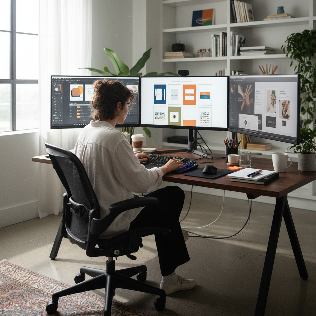 Designer working on carousel post layouts with multiple screens and design tools