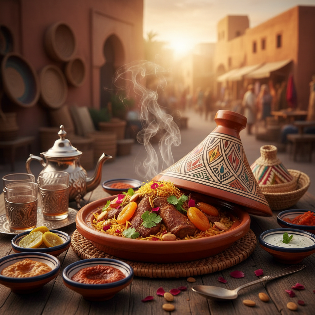 Slow-braised lamb tagine in a terracotta pot with whole spices and dried apricots visible