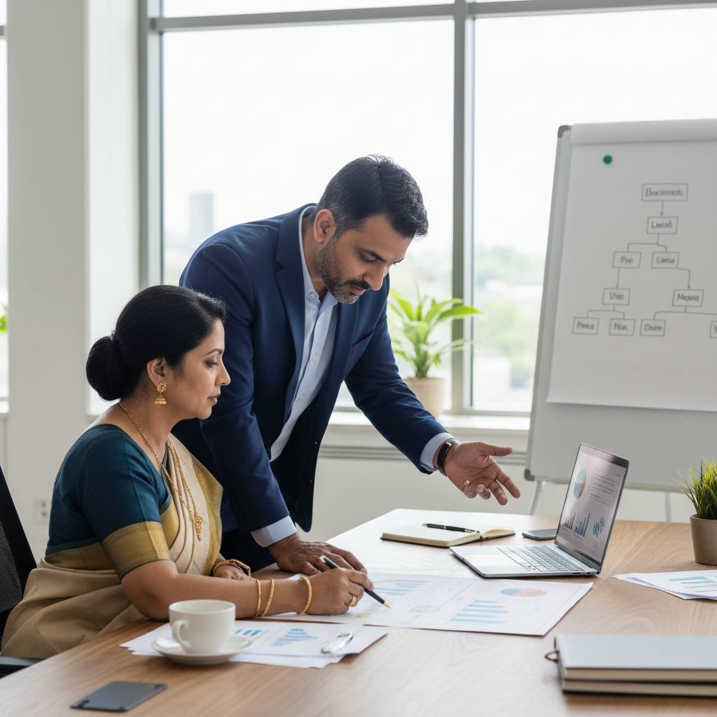 Professional accountant in suit reviewing financial documents at modern New Delhi office with warm lighting and corporate décor