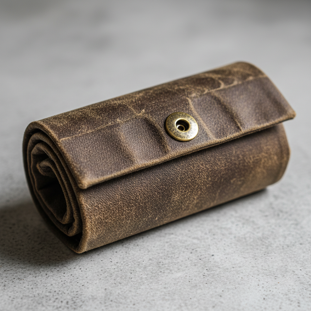 Rolled waxed canvas watch roll secured with brass snap showing compact travel form